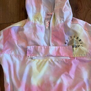 Girls size 6/7 Justice Tie Dye Rain Jacket Folds into Pouch Pink Yellow